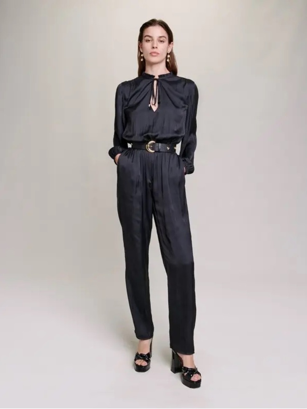 New! Maje Black Satin Cinched Long-Sleeve Jumpsuit 🖤 Medium NWT!